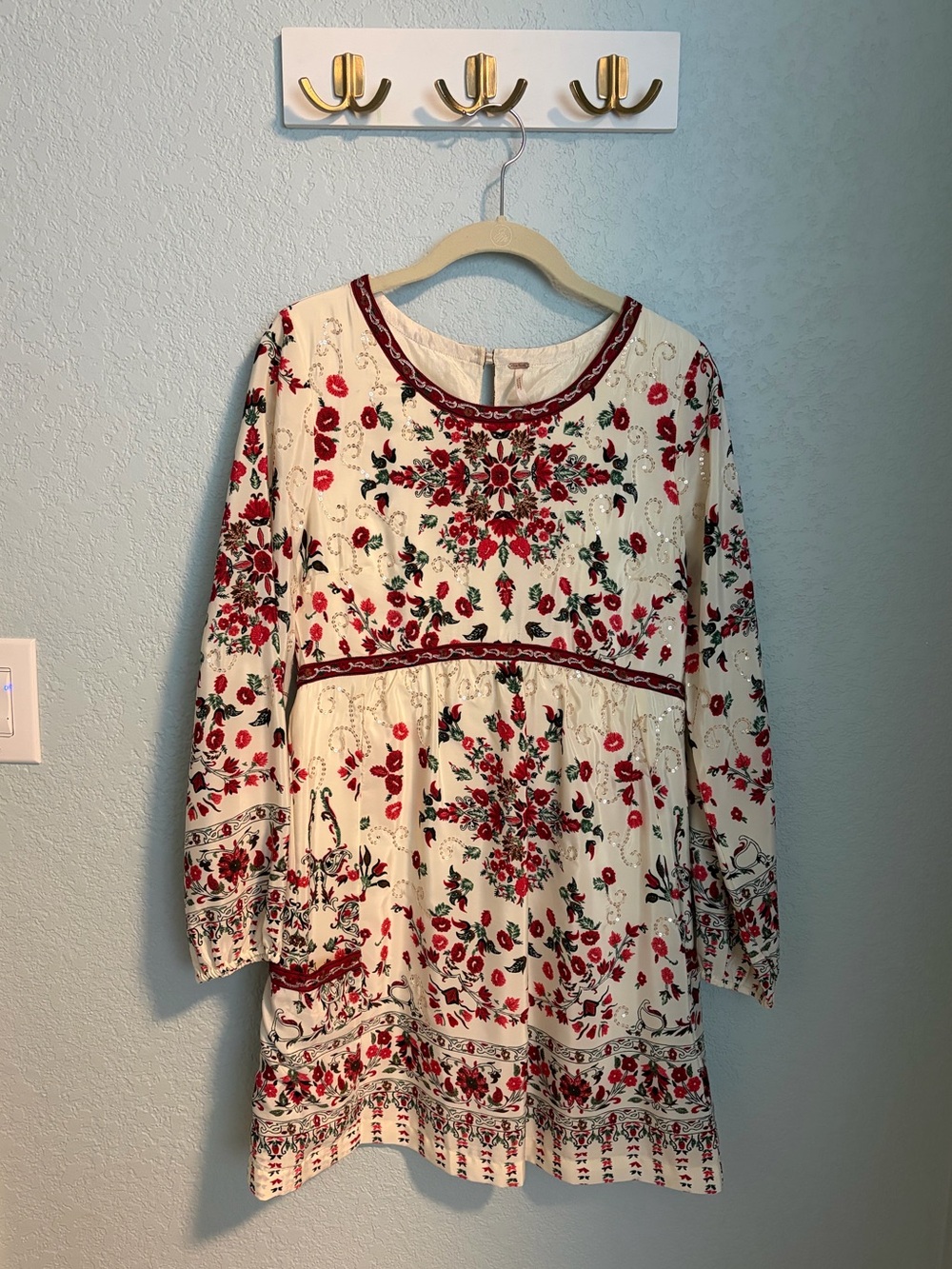 Free People Ivory Floral Sequin Long Sleeve Boho Mini Dress Size 4